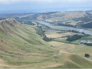 The view from the summit of Te Mata Peak with the Tukituki River in the background.